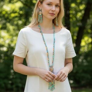 Turquoise and Orange Beaded Long Necklace with Tassel and Matching Earrings